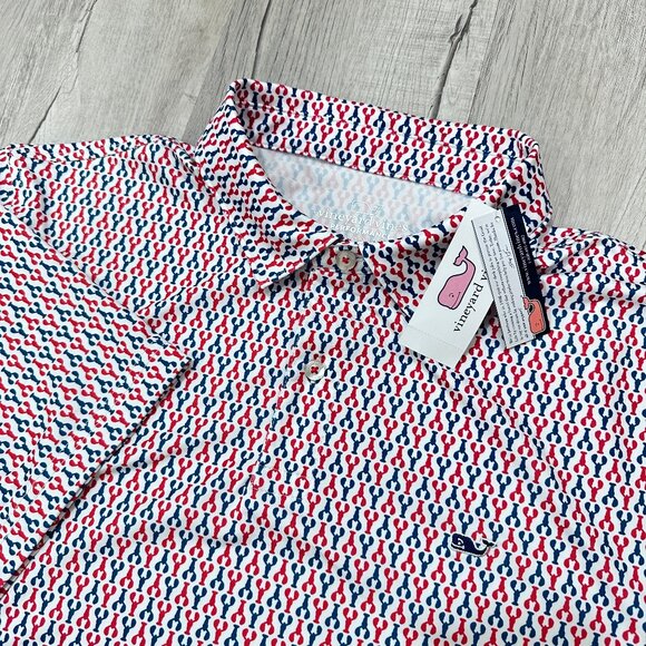 NWT Vineyard Vines Performance Polo Shirt Mens Large All Over Red Blue Lobster - Picture 1 of 10